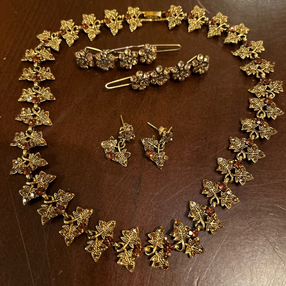 Gold Leaf Necklace/earrings/barrette Set beautiful vintage set with Amber stones